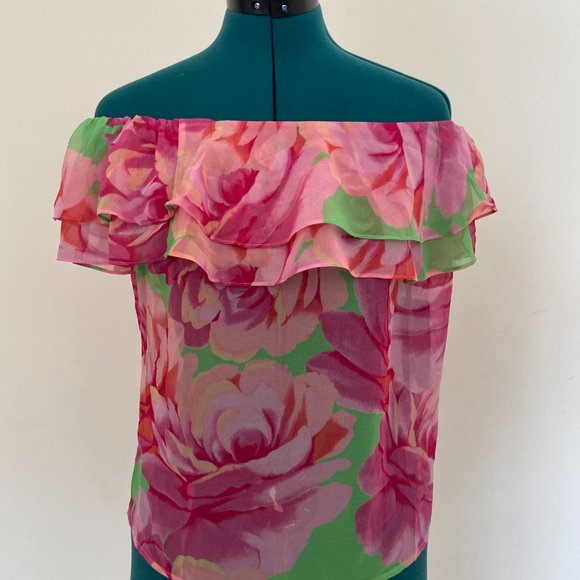 Marciano Guess Ruffled Off the Shoulder Floral Sheer Top - Picture 8 of 12